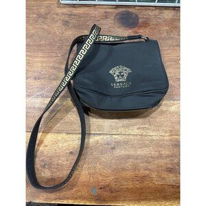 Versace Parfums Black Nylon Crossbody Bag With Gold Medusa Logo Greek Key Strap